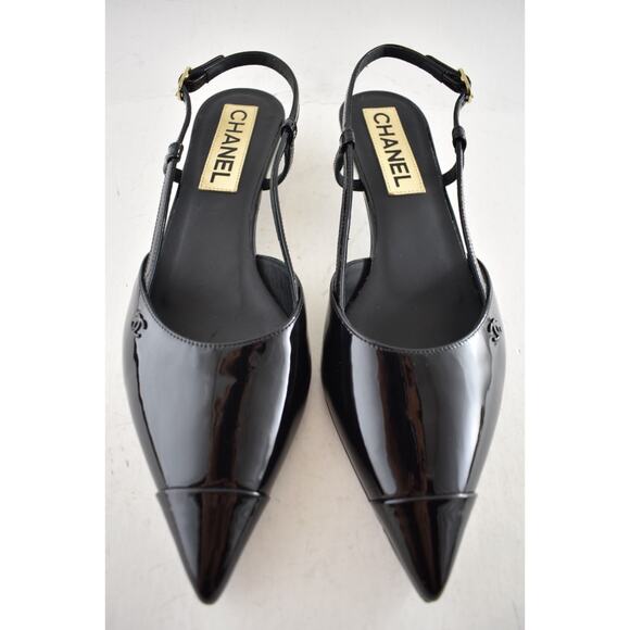 Chanel 22K Black Patent Leather CC Sling Slingback Sandal Pointed Kitten Heel 37 - Picture 9 of 14